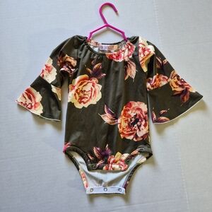 Floral Kids Bodysuit - Olive Green 80 Long Bell Sleeve